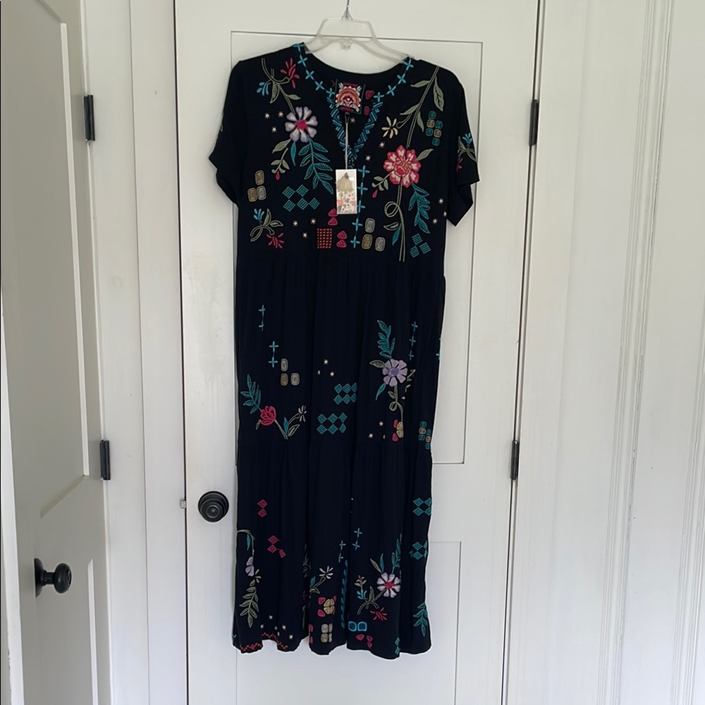 Johnny Was Black Midi Dress with Multicolor Embroidery